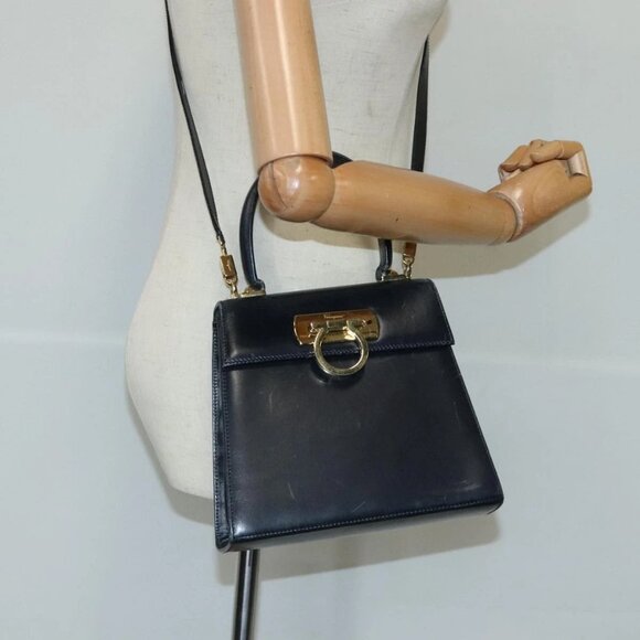 Salvatore Ferragamo Gancini Hand Bag Leather 2way Navy Gold Auth - Picture 1 of 16